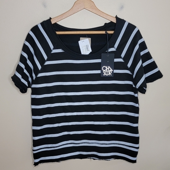 NWT Evereve Chaser | Linen French Terry Sweatshirt in Black Gray Stripe Small - Picture 1 of 6